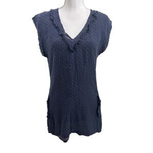 SUNNER Sleeveless Silk Blend Swiss Dot Ruffle V-neck‎ Tunic Navy-Sz S